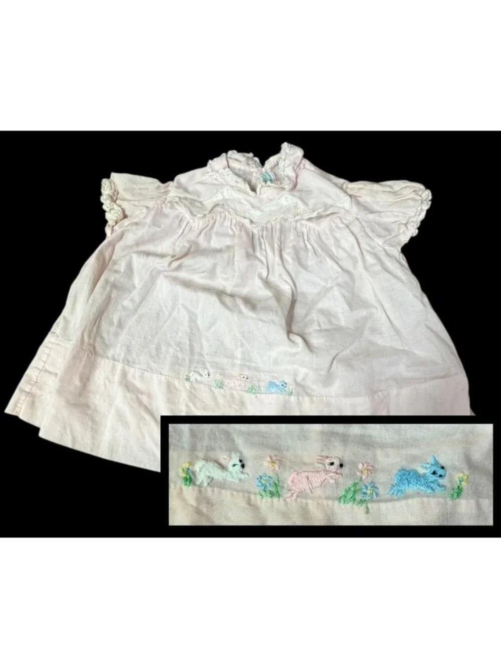 Vintage 1950s Pink Cherubs Baby Dress 18 M Hand Embroidered Bunny Rabbits Lace